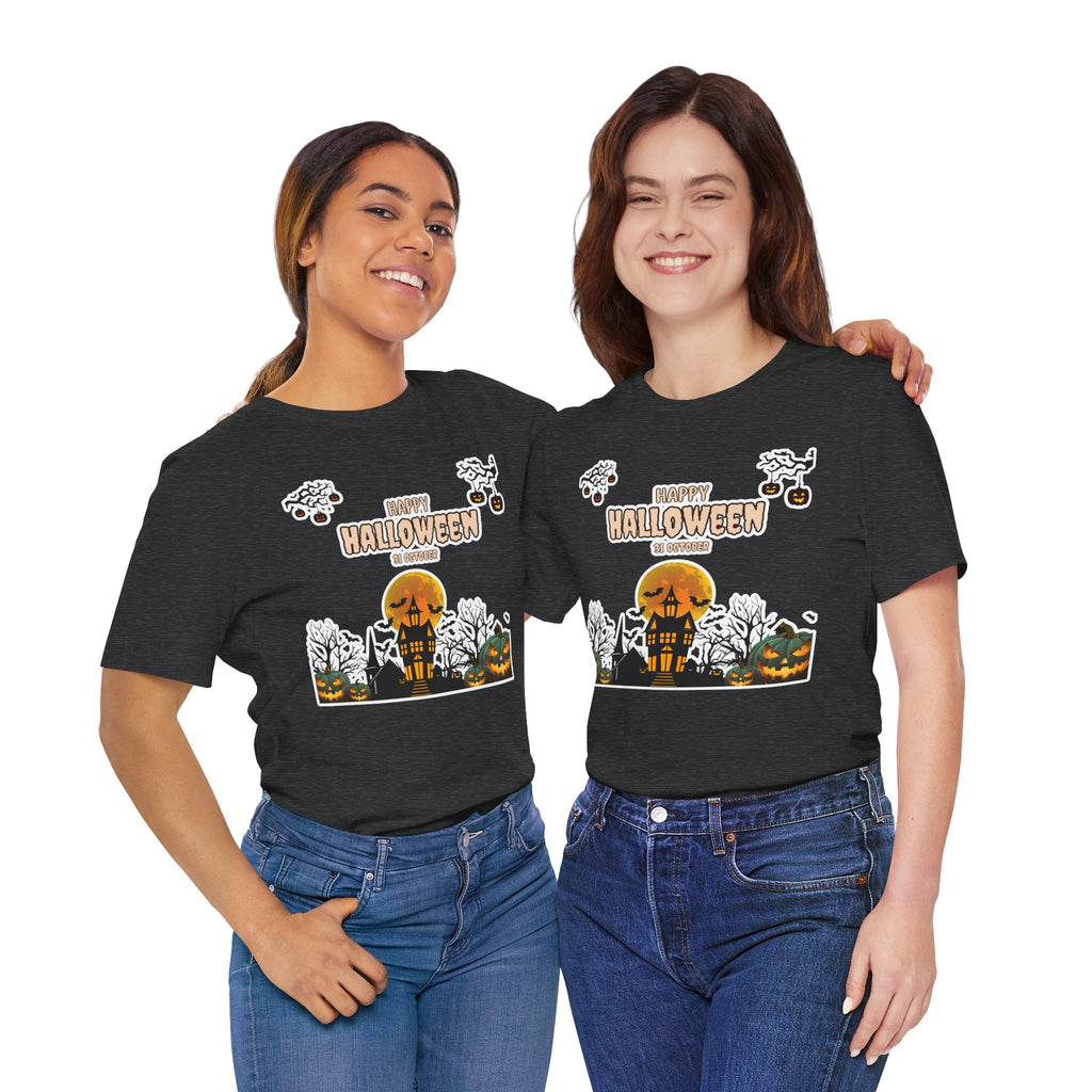 Halloween Haunted House T-Shirt — "Happy Halloween" Pumpkin Spooky Tee