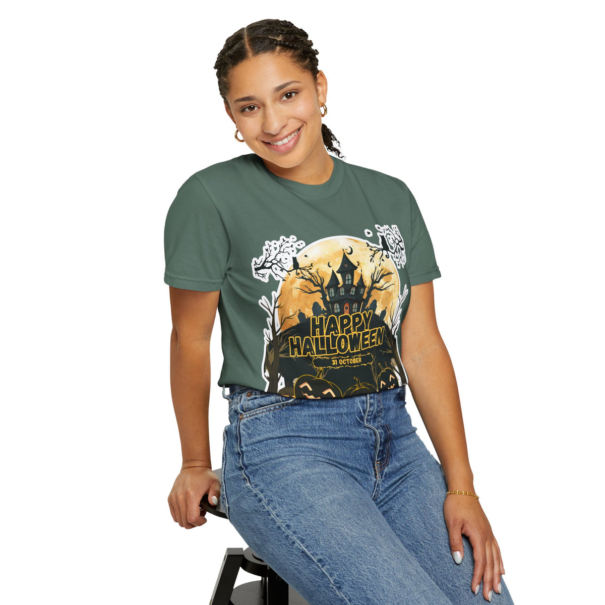 Halloween Haunted House T-Shirt — "Happy Halloween" Pumpkin Graphic Tee
