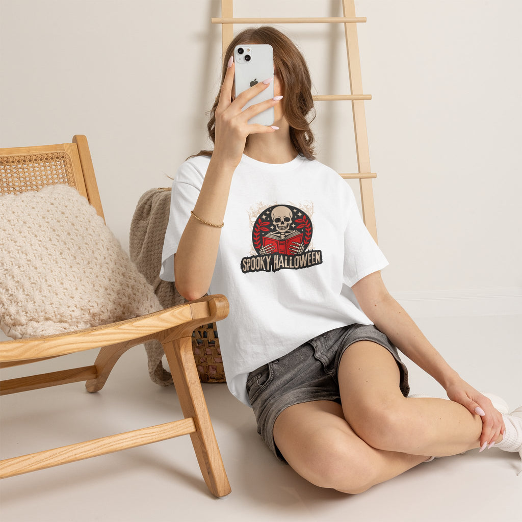 Spooky Halloween Skull Tee — Vintage Skeleton Reading Book Halloween T-Shirt