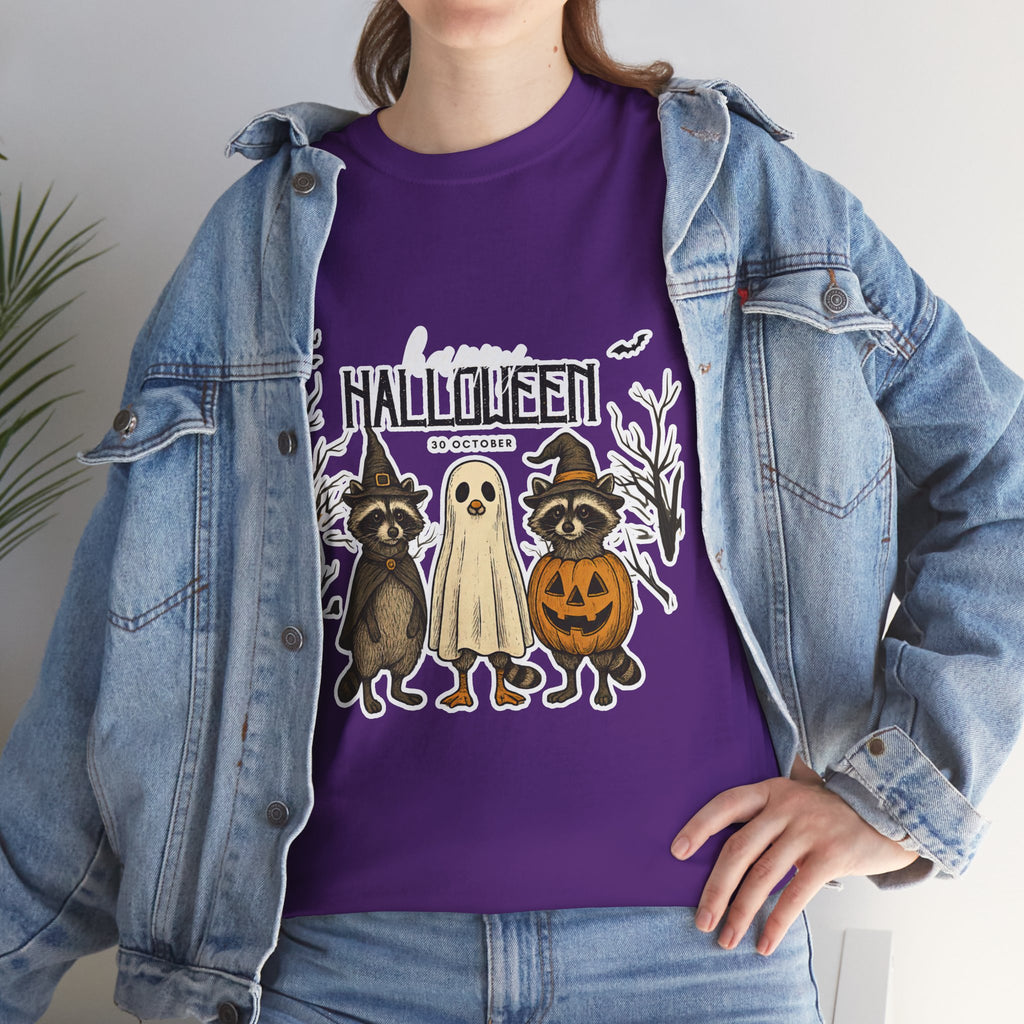 Halloween Raccoon Ghost Pumpkin T‑Shirt — Cute Spooky Costume Trio Tee