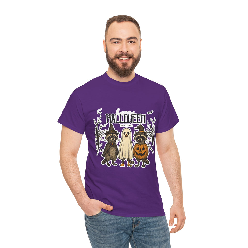 Halloween Raccoon Ghost Pumpkin T‑Shirt — Cute Spooky Costume Trio Tee