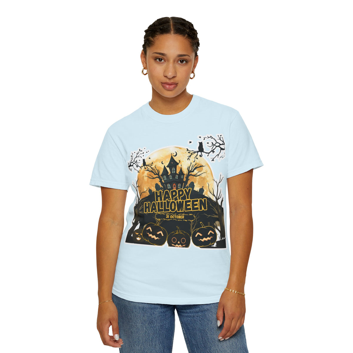 Halloween Haunted House T-Shirt — "Happy Halloween" Pumpkin Graphic Tee