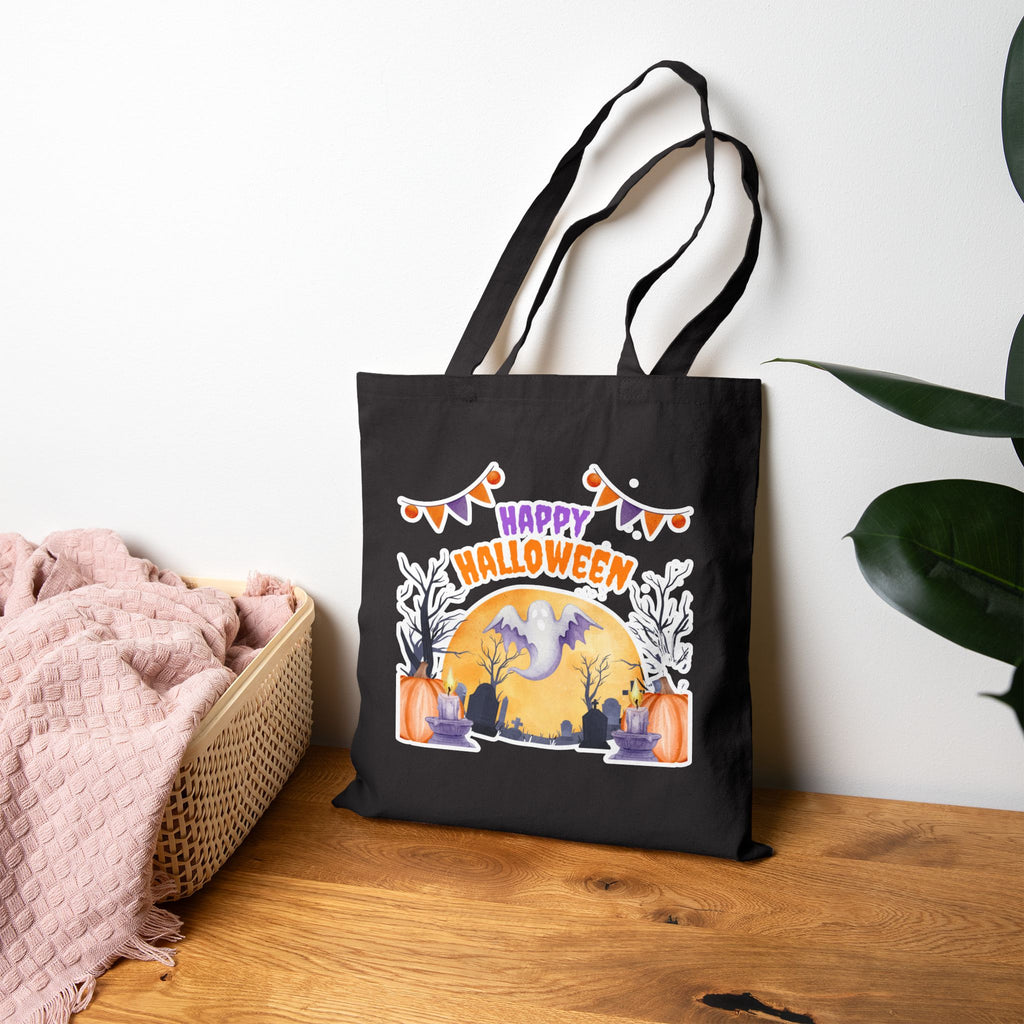 Halloween Tote Bag — "Happy Halloween" Ghost Pumpkin Canvas Tote