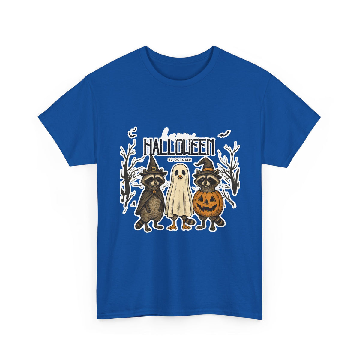 Halloween Raccoon Ghost Pumpkin T‑Shirt — Cute Spooky Costume Trio Tee