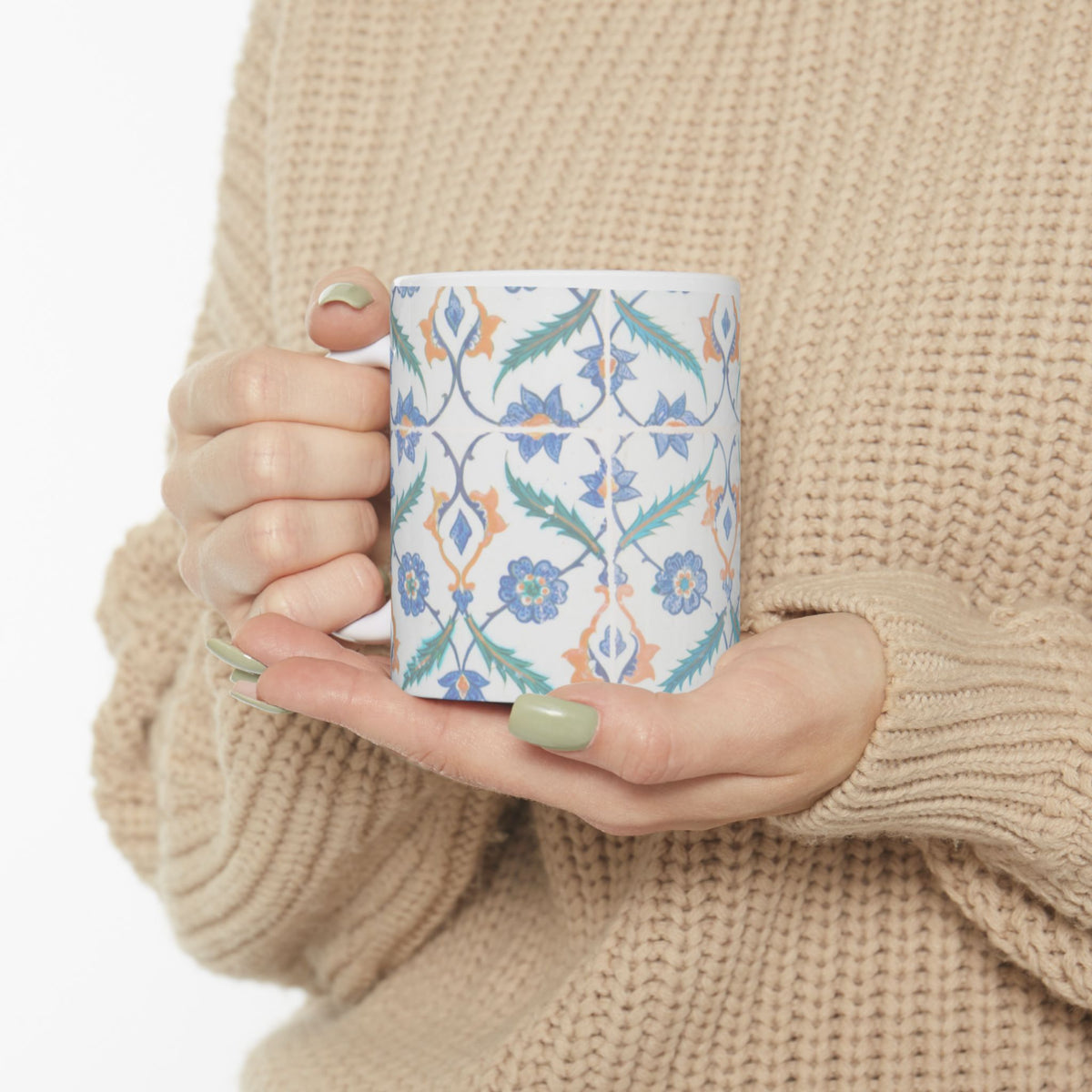 Floral Tile Pattern Ceramic Mug — Blue & Coral Botanical Design (11oz/15oz)