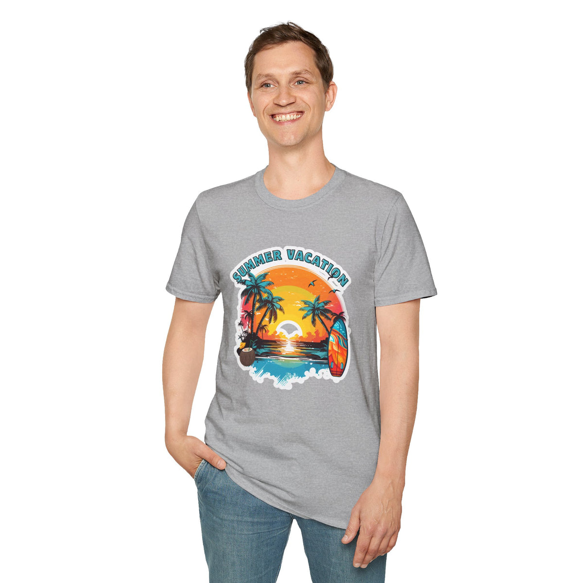 Summer Vacation T-Shirt – Tropical Sunset Surf Graphic