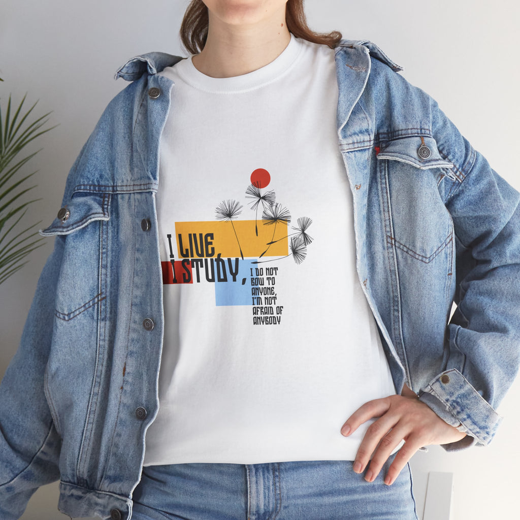 T-Shirt — I Live, I Study Graphic Tee (Minimalist Floral Collage)