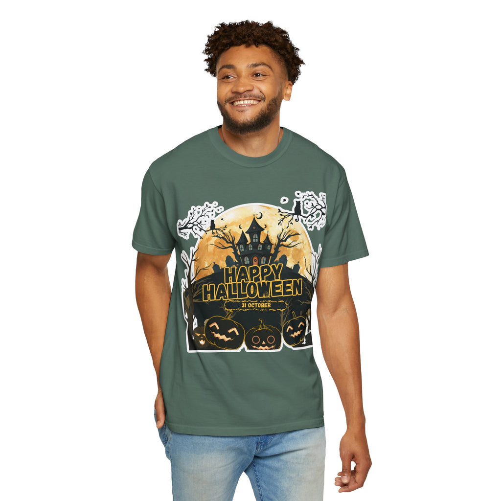 Halloween Haunted House T-Shirt — "Happy Halloween" Pumpkin Graphic Tee