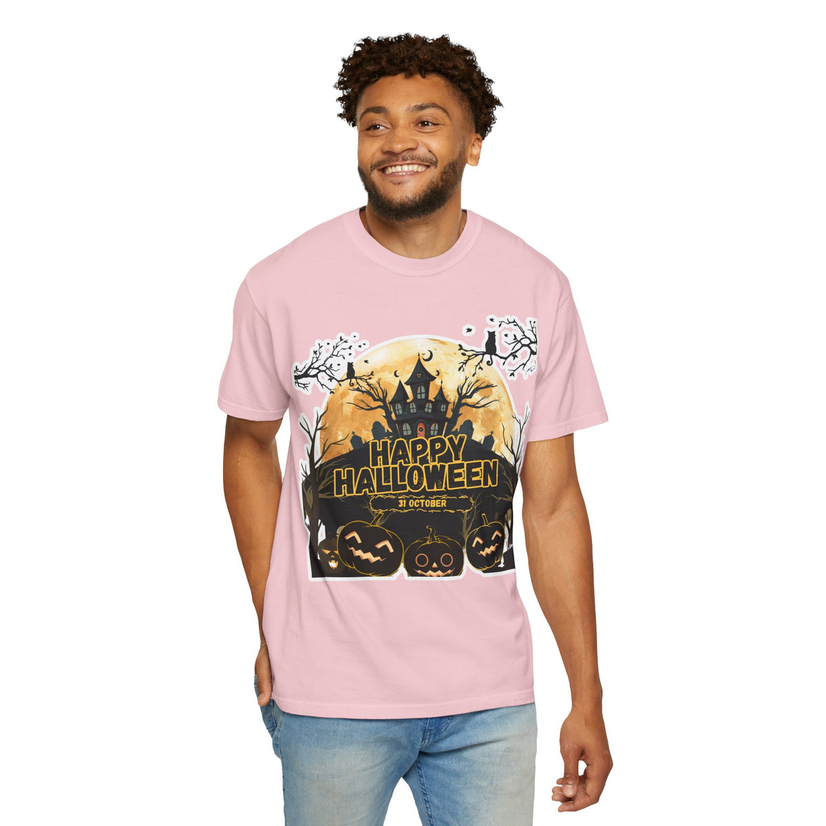 Halloween Haunted House T-Shirt — "Happy Halloween" Pumpkin Graphic Tee