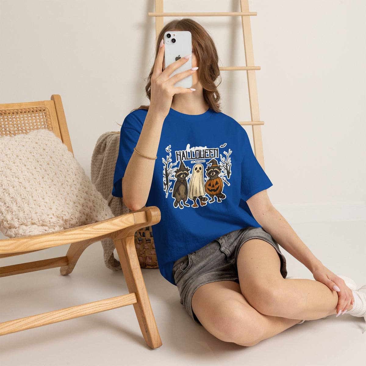 Halloween Raccoon Ghost Pumpkin T‑Shirt — Cute Spooky Costume Trio Tee