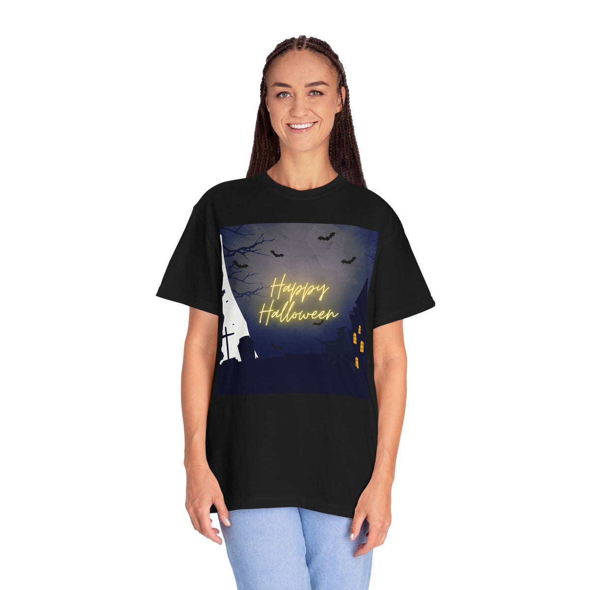 Halloween Night T-Shirt — "Happy Halloween" Haunted Graveyard Design