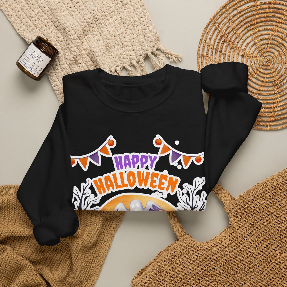 Happy Halloween Crewneck Sweatshirt — Cute Ghost Pumpkin Halloween Sweater