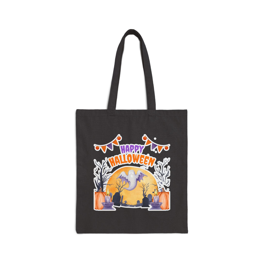 Halloween Tote Bag — "Happy Halloween" Ghost Pumpkin Canvas Tote