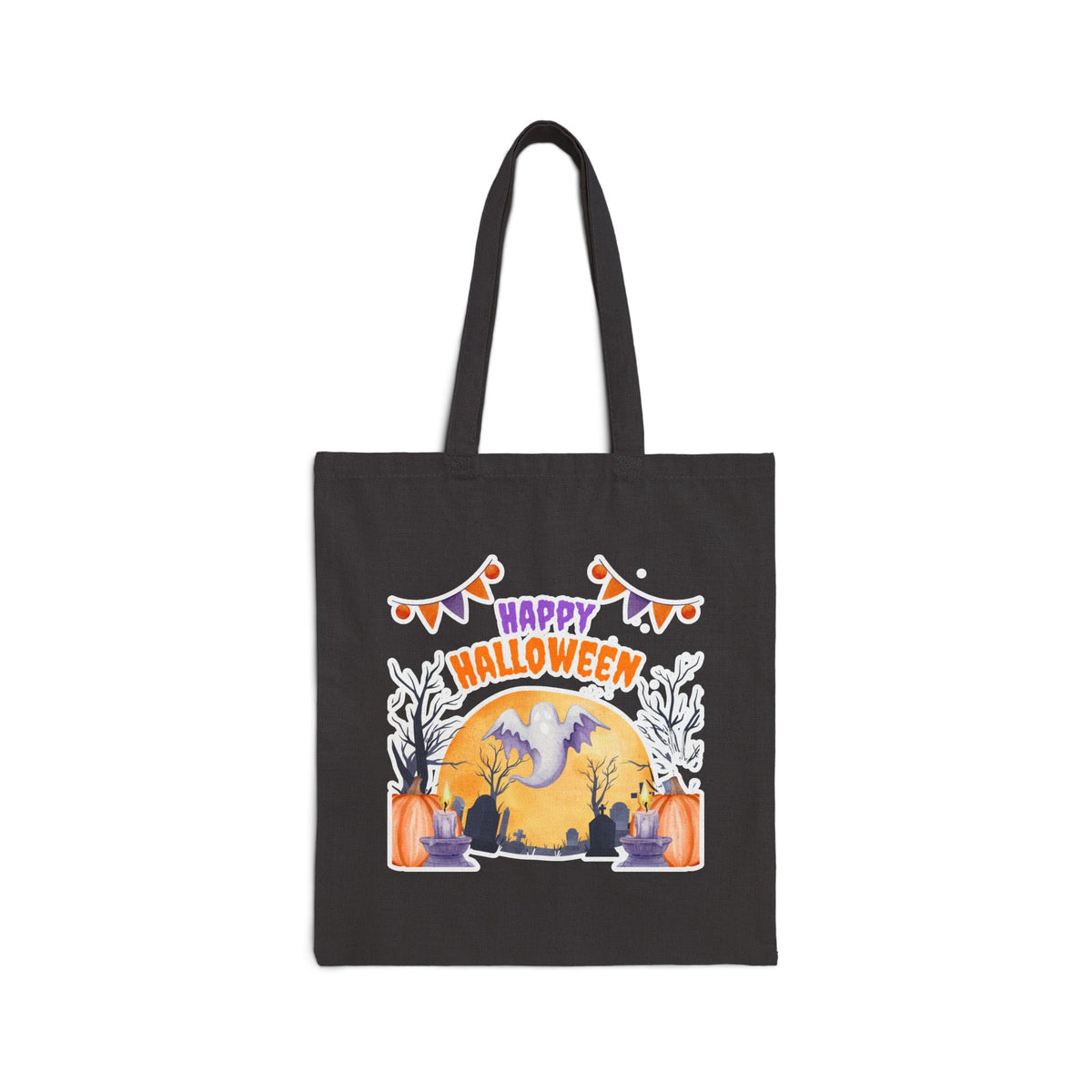 Halloween Tote Bag — "Happy Halloween" Ghost Pumpkin Canvas Tote