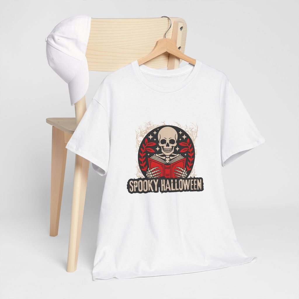Spooky Halloween Skull Tee — Vintage Skeleton Reading Book Halloween T-Shirt