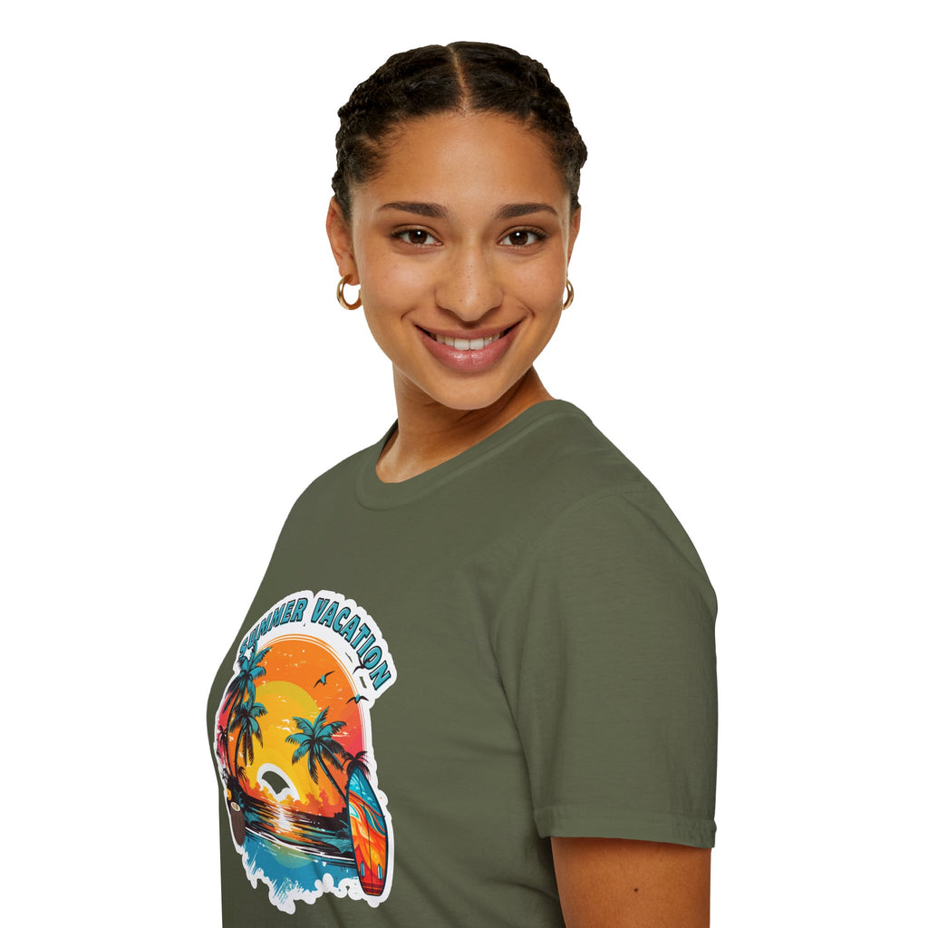 Summer Vacation T-Shirt – Tropical Sunset Surf Graphic