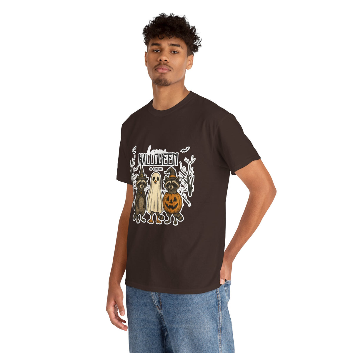Halloween Raccoon Ghost Pumpkin T‑Shirt — Cute Spooky Costume Trio Tee