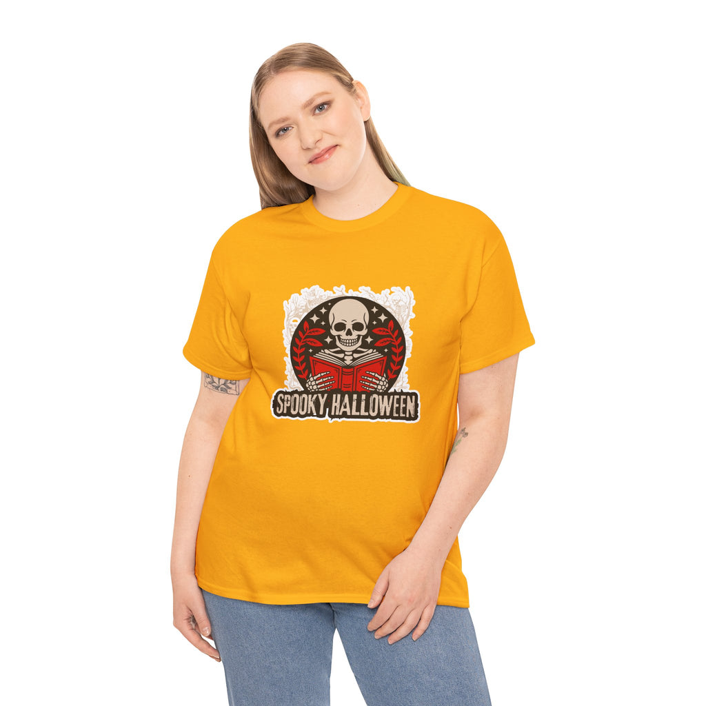Spooky Halloween Skull Tee — Vintage Skeleton Reading Book Halloween T-Shirt