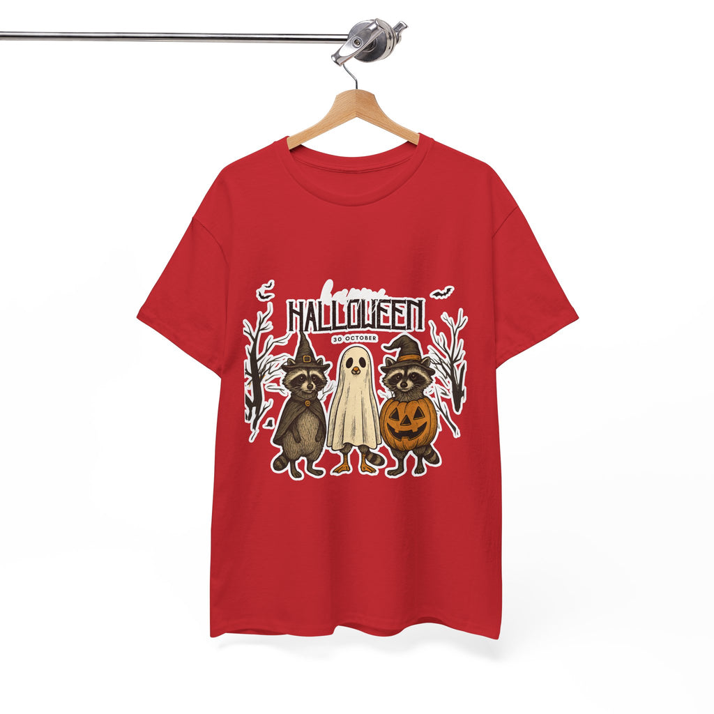 Halloween Raccoon Ghost Pumpkin T‑Shirt — Cute Spooky Costume Trio Tee