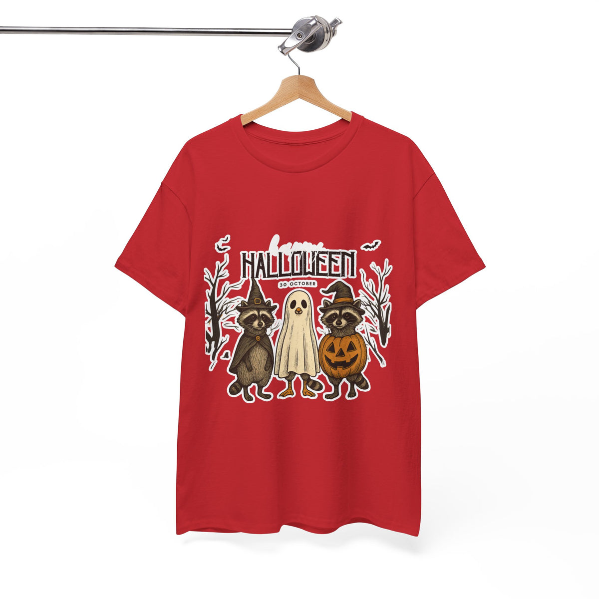 Halloween Raccoon Ghost Pumpkin T‑Shirt — Cute Spooky Costume Trio Tee