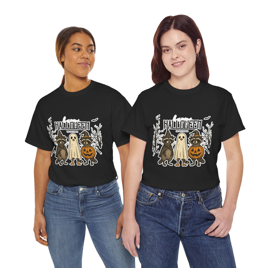 Halloween Raccoon Ghost Pumpkin T‑Shirt — Cute Spooky Costume Trio Tee