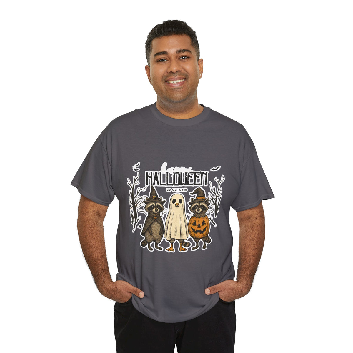 Halloween Raccoon Ghost Pumpkin T‑Shirt — Cute Spooky Costume Trio Tee