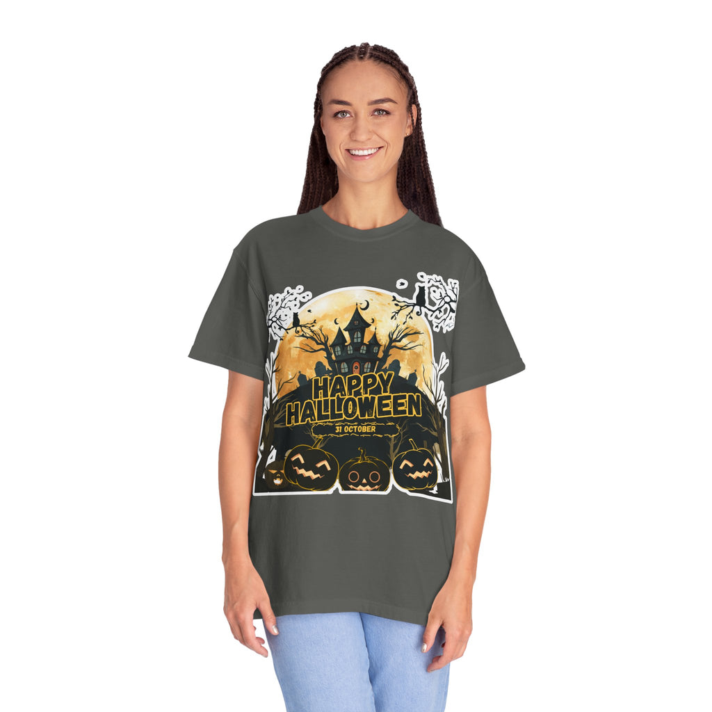 Halloween Haunted House T-Shirt — "Happy Halloween" Pumpkin Graphic Tee