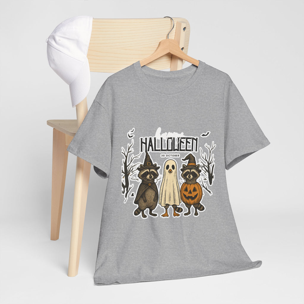 Halloween Raccoon Ghost Pumpkin T‑Shirt — Cute Spooky Costume Trio Tee