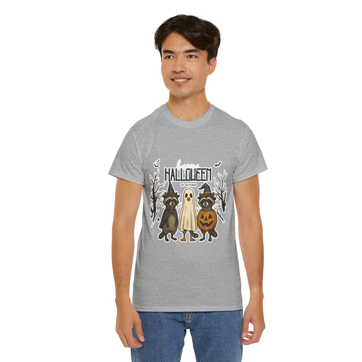 Halloween Raccoon Ghost Pumpkin T‑Shirt — Cute Spooky Costume Trio Tee