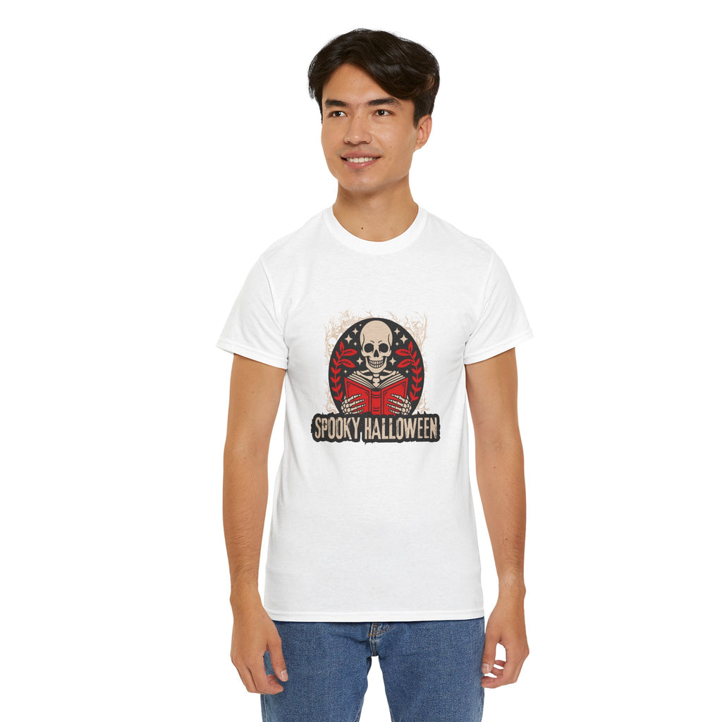 Spooky Halloween Skull Tee — Vintage Skeleton Reading Book Halloween T-Shirt