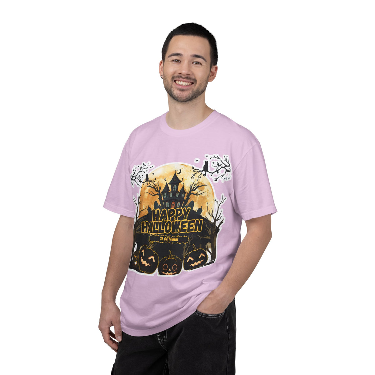 Halloween Haunted House T-Shirt — "Happy Halloween" Pumpkin Graphic Tee