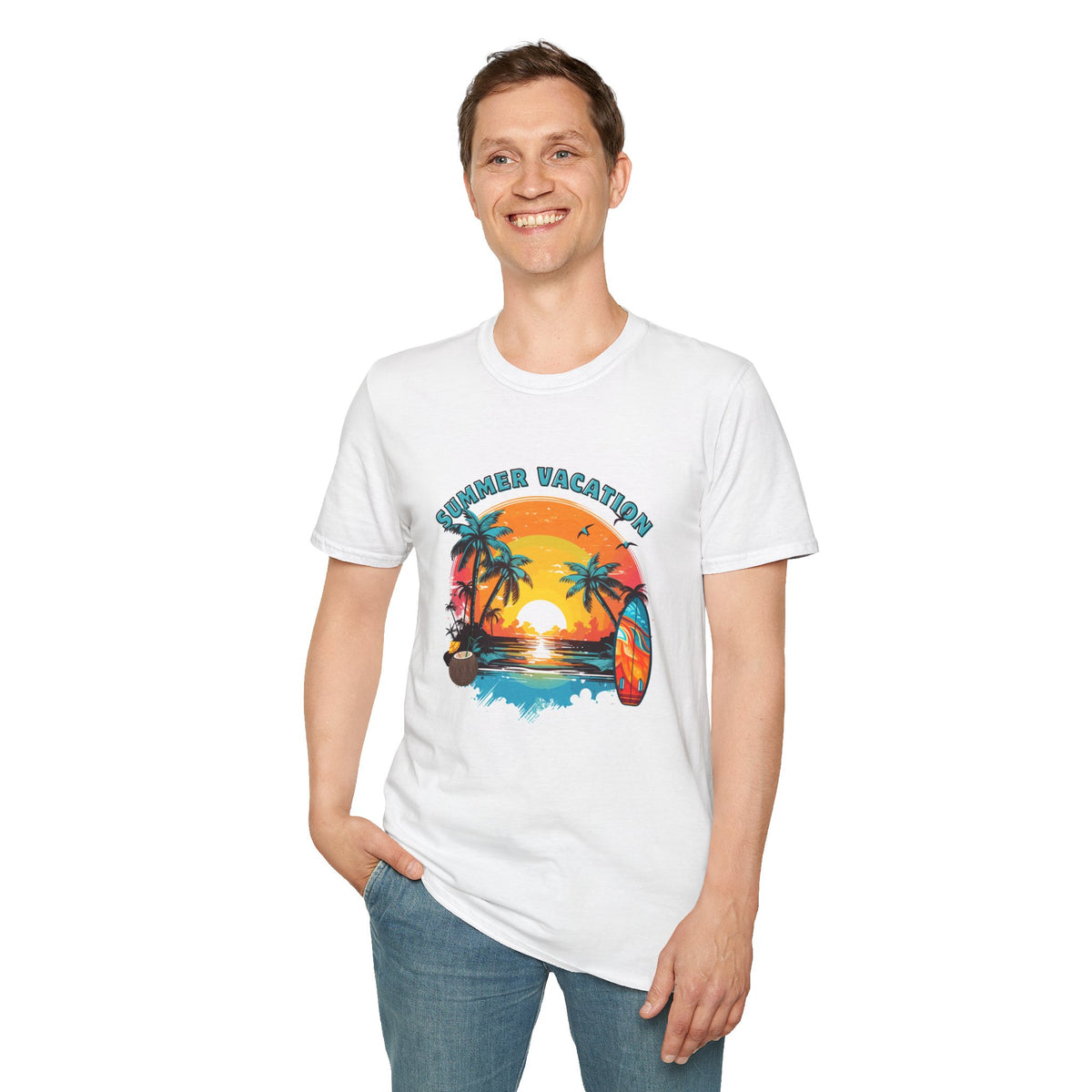 Summer Vacation T-Shirt – Tropical Sunset Surf Graphic
