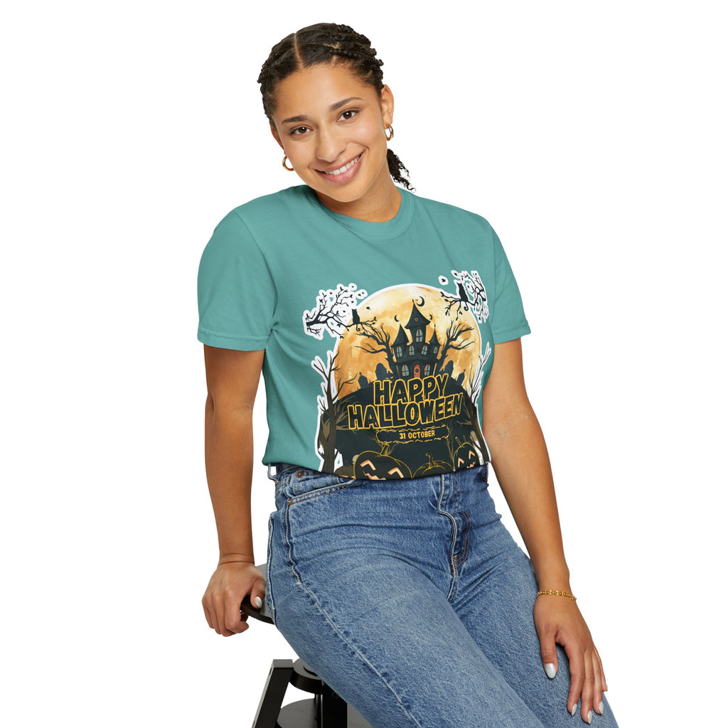 Halloween Haunted House T-Shirt — "Happy Halloween" Pumpkin Graphic Tee