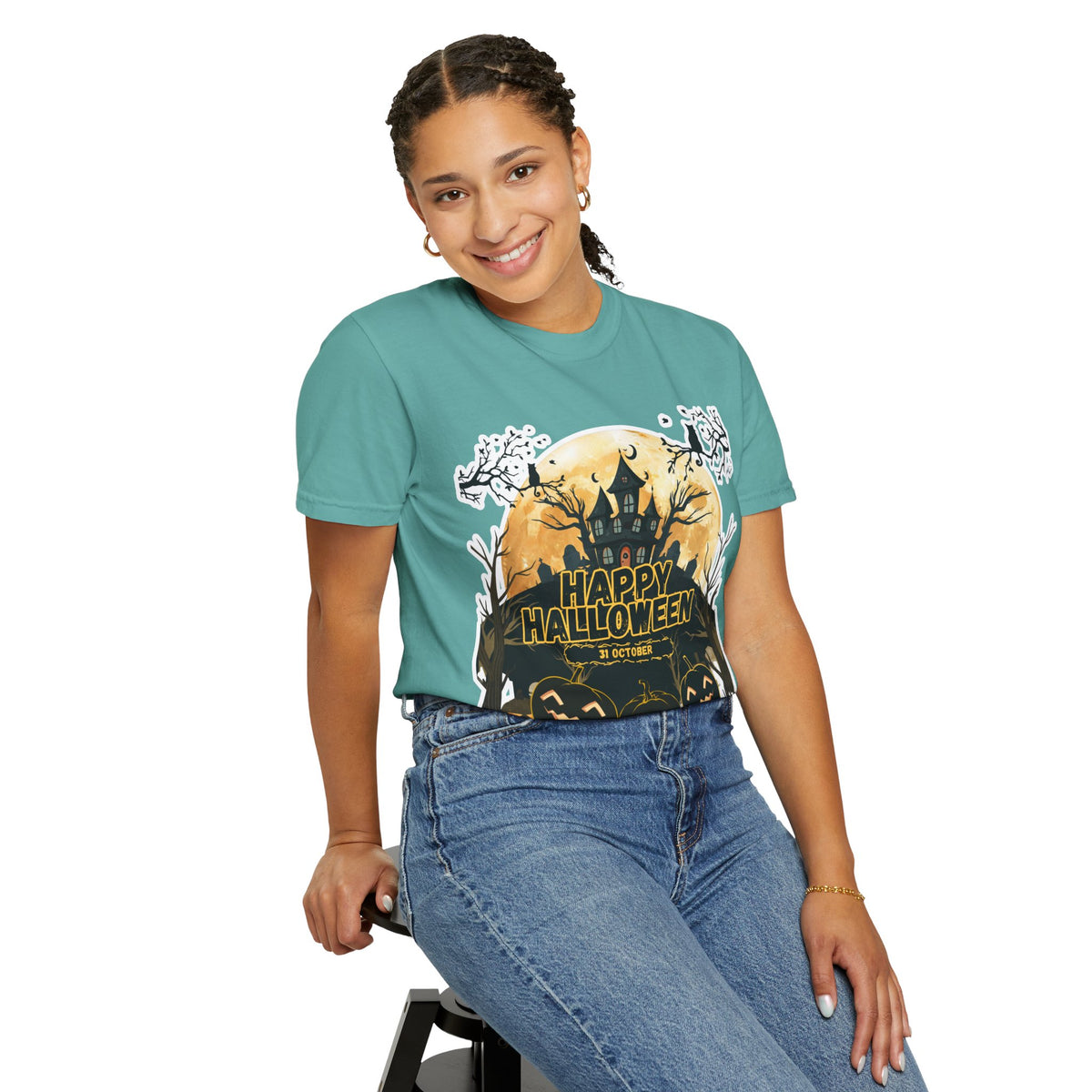 Halloween Haunted House T-Shirt — "Happy Halloween" Pumpkin Graphic Tee