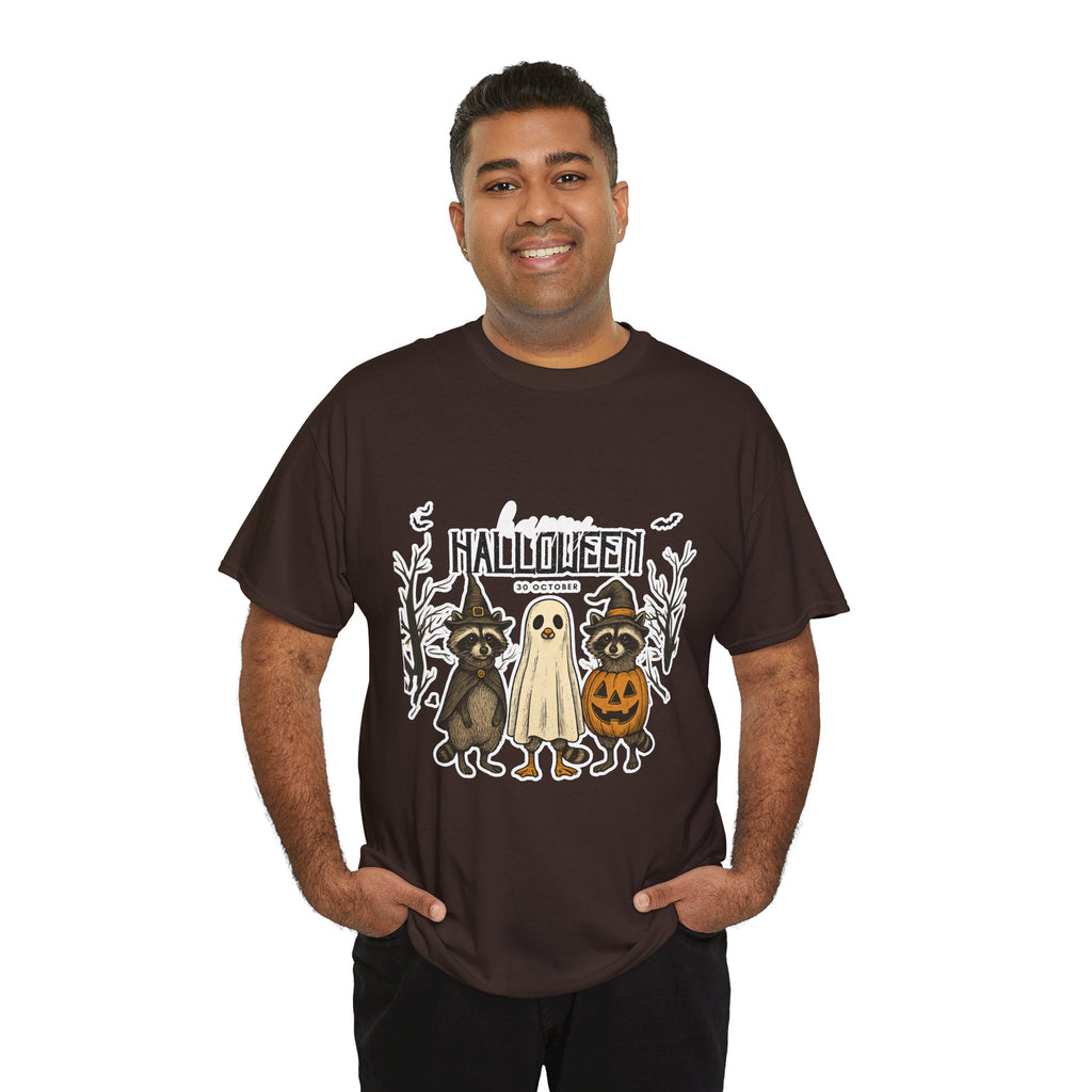 Halloween Raccoon Ghost Pumpkin T‑Shirt — Cute Spooky Costume Trio Tee