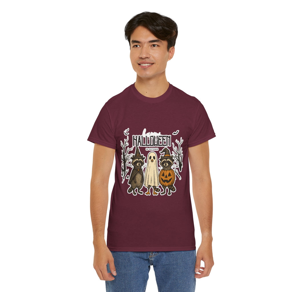 Halloween Raccoon Ghost Pumpkin T‑Shirt — Cute Spooky Costume Trio Tee
