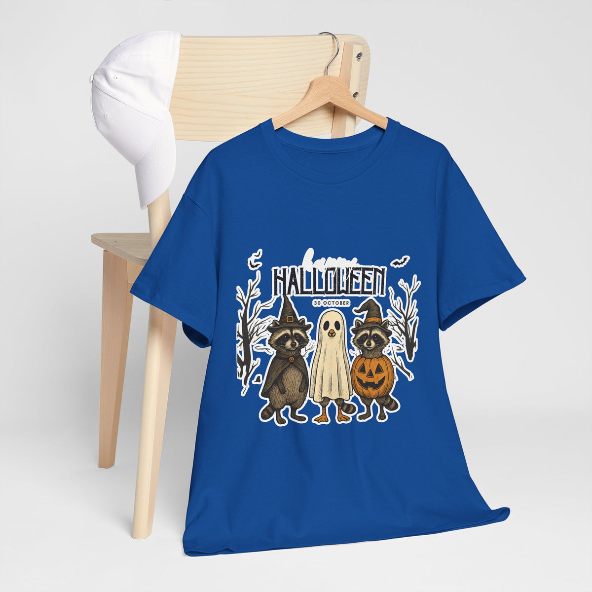 Halloween Raccoon Ghost Pumpkin T‑Shirt — Cute Spooky Costume Trio Tee