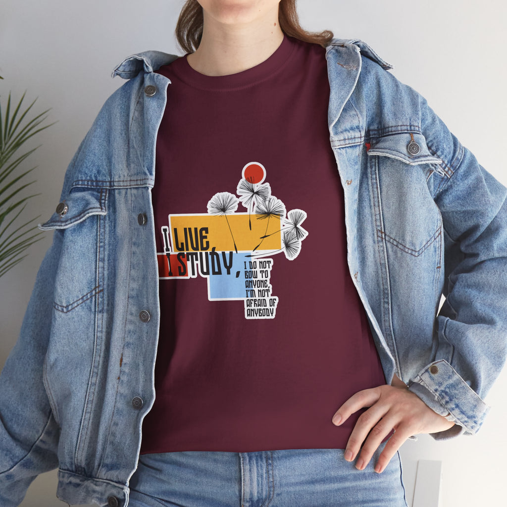 T-Shirt — I Live, I Study Graphic Tee (Minimalist Floral Collage)