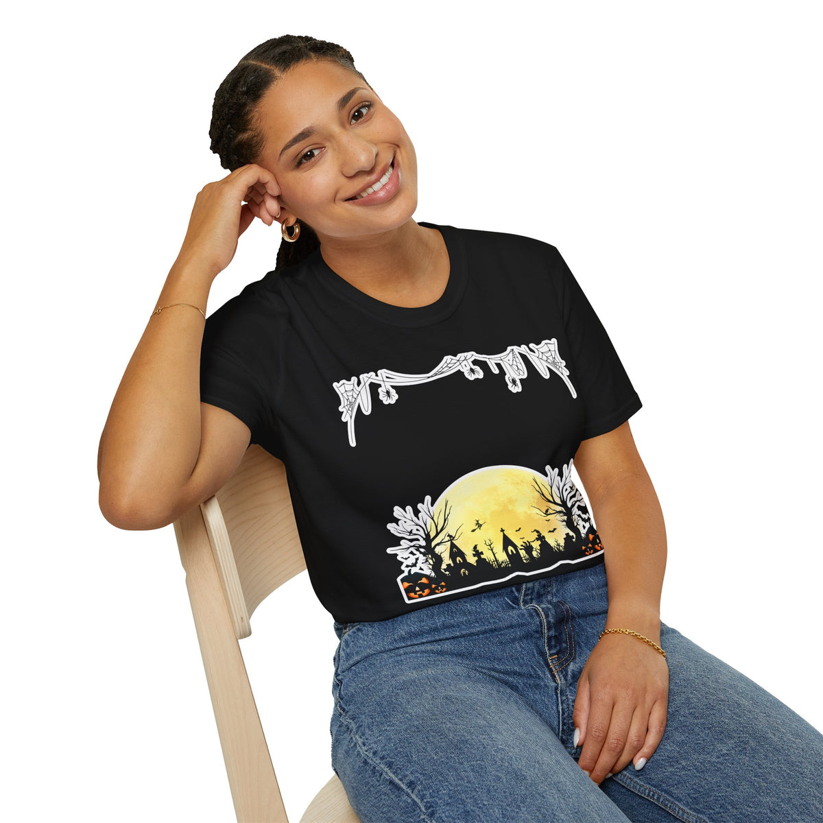 Halloween Moon Silhouette T-Shirt — Spooky Graveyard Pumpkin Scene