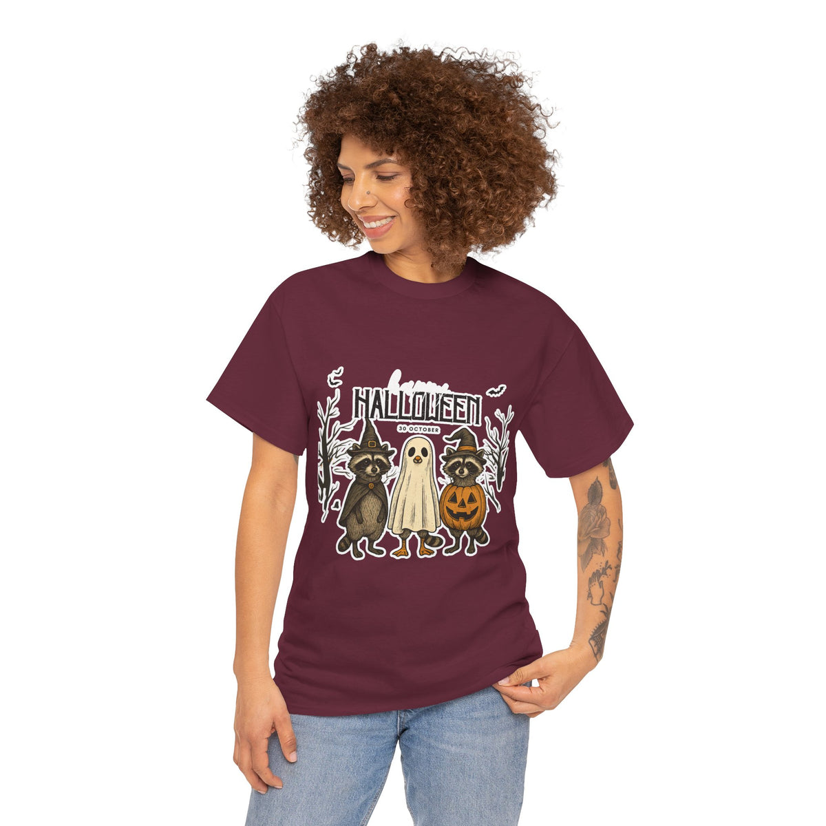 Halloween Raccoon Ghost Pumpkin T‑Shirt — Cute Spooky Costume Trio Tee