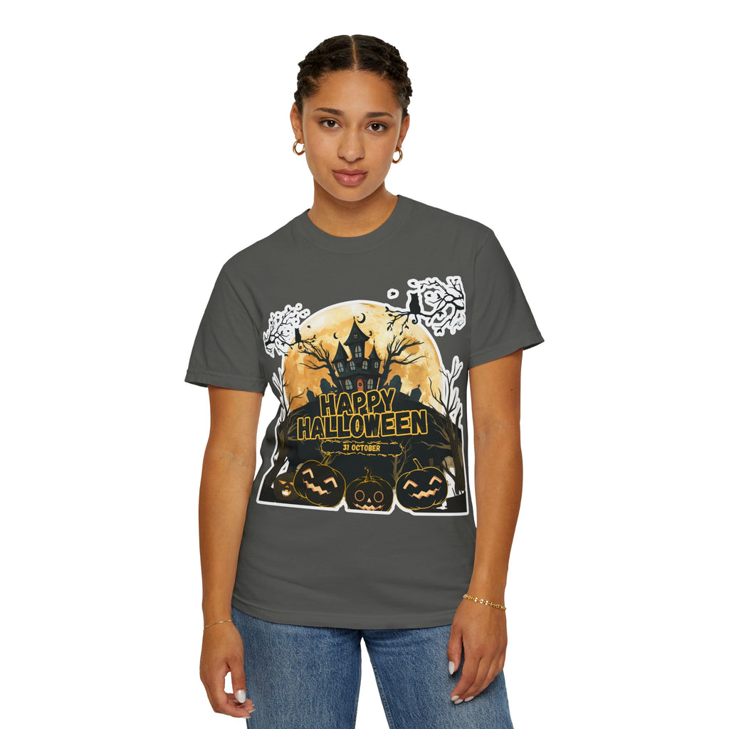 Halloween Haunted House T-Shirt — "Happy Halloween" Pumpkin Graphic Tee