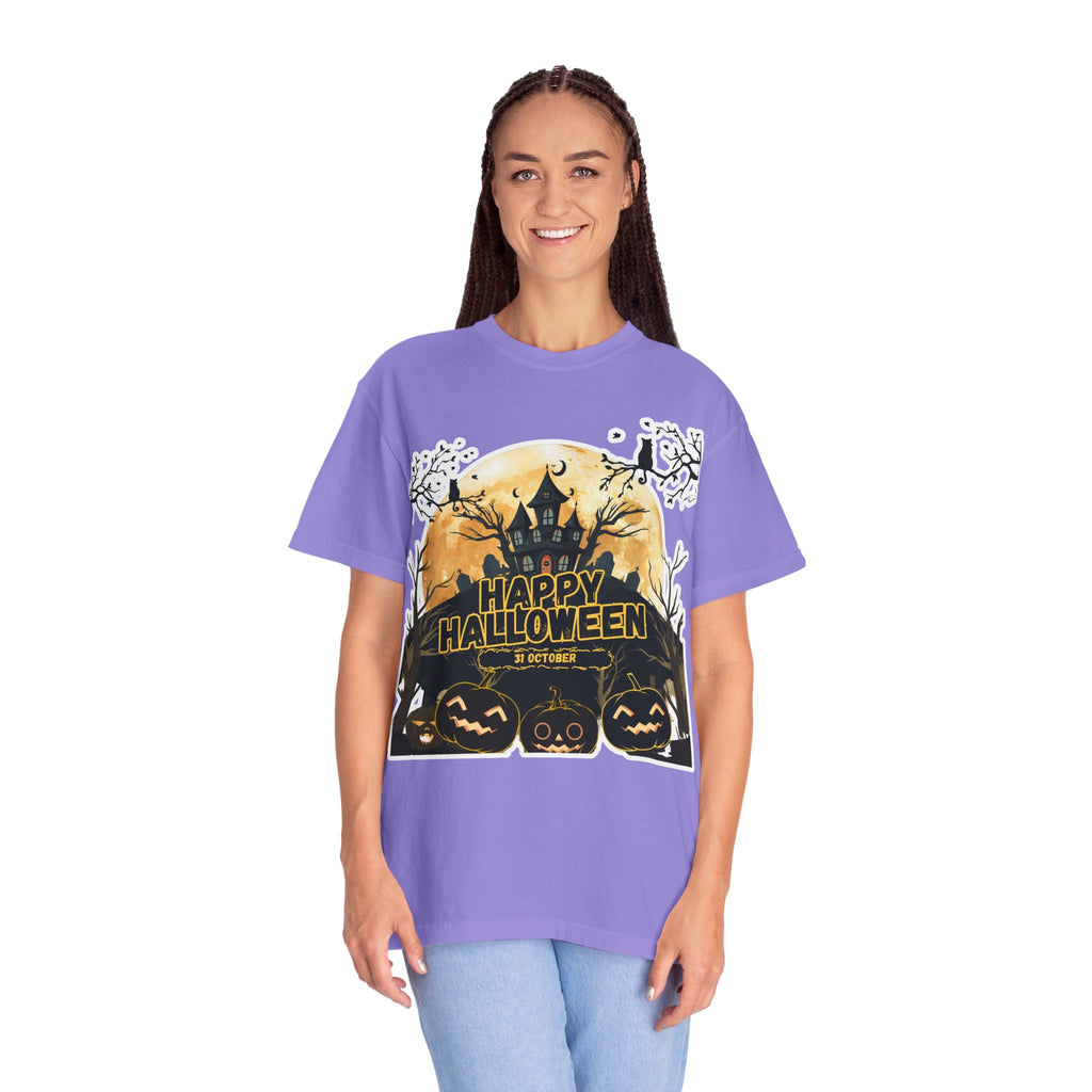 Halloween Haunted House T-Shirt — "Happy Halloween" Pumpkin Graphic Tee