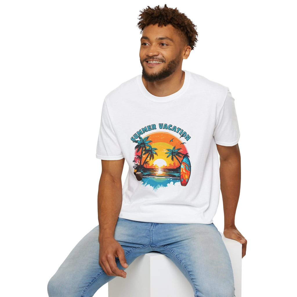 Summer Vacation T-Shirt – Tropical Sunset Surf Graphic