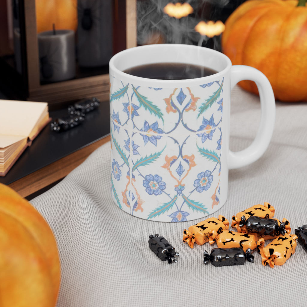 Floral Tile Pattern Ceramic Mug — Blue & Coral Botanical Design (11oz/15oz)