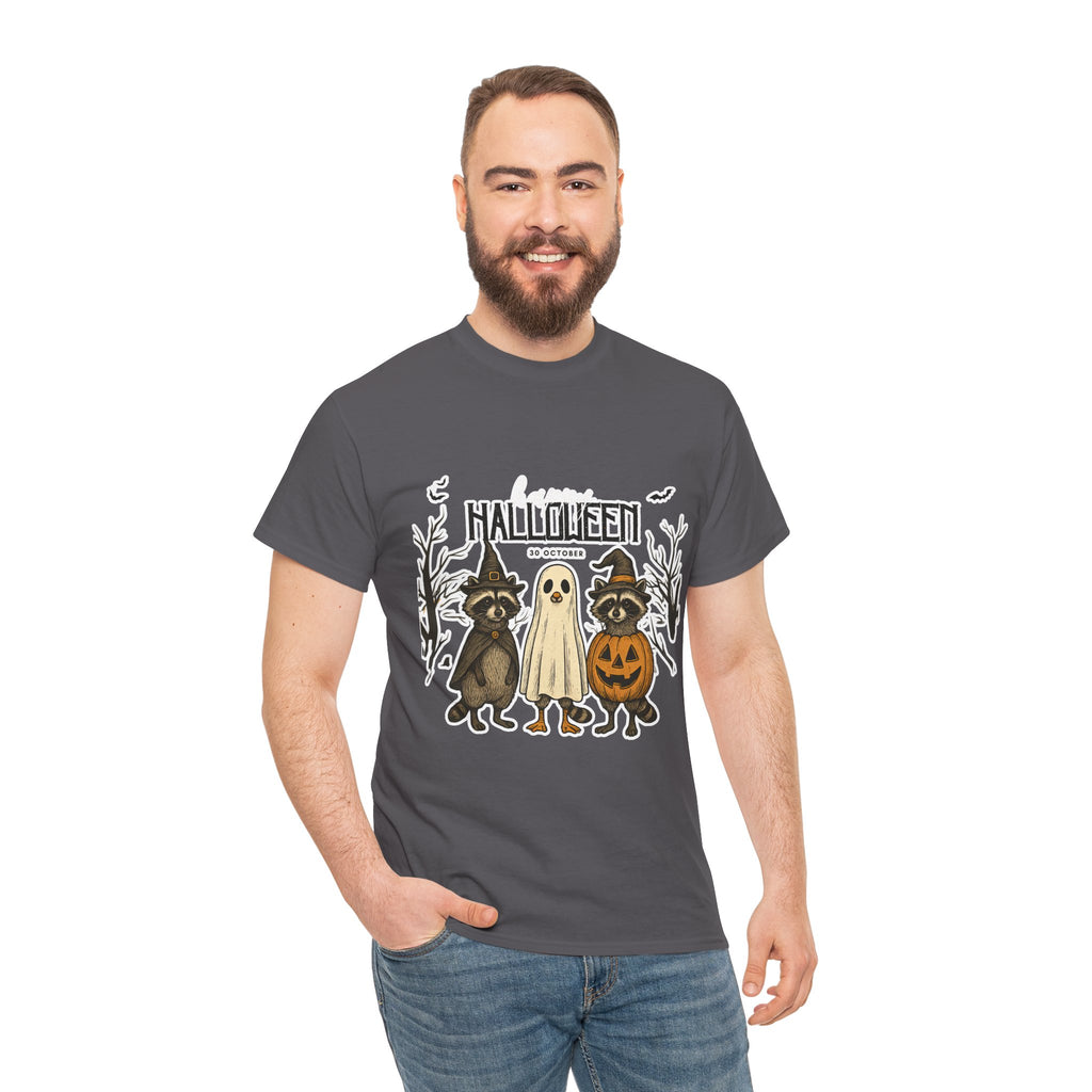 Halloween Raccoon Ghost Pumpkin T‑Shirt — Cute Spooky Costume Trio Tee