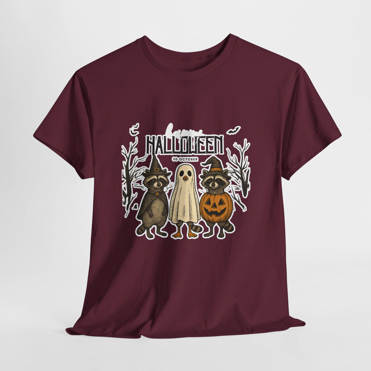 Halloween Raccoon Ghost Pumpkin T‑Shirt — Cute Spooky Costume Trio Tee