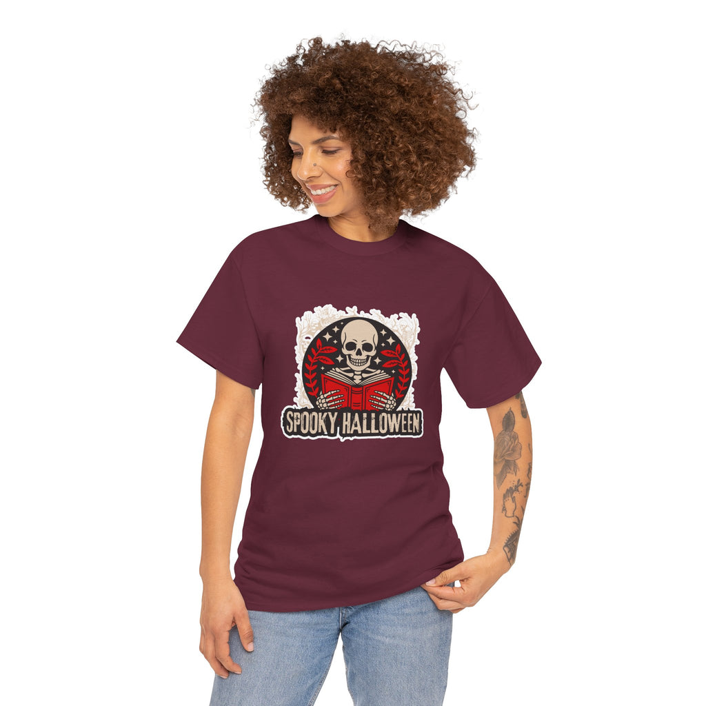 Spooky Halloween Skull Tee — Vintage Skeleton Reading Book Halloween T-Shirt
