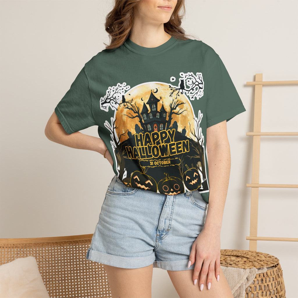 Halloween Haunted House T-Shirt — "Happy Halloween" Pumpkin Graphic Tee