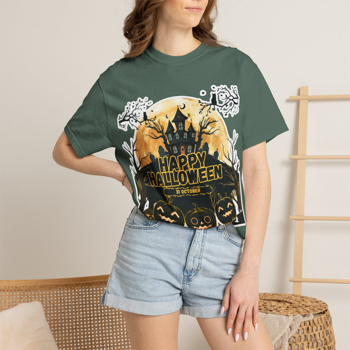 Halloween Haunted House T-Shirt — "Happy Halloween" Pumpkin Graphic Tee