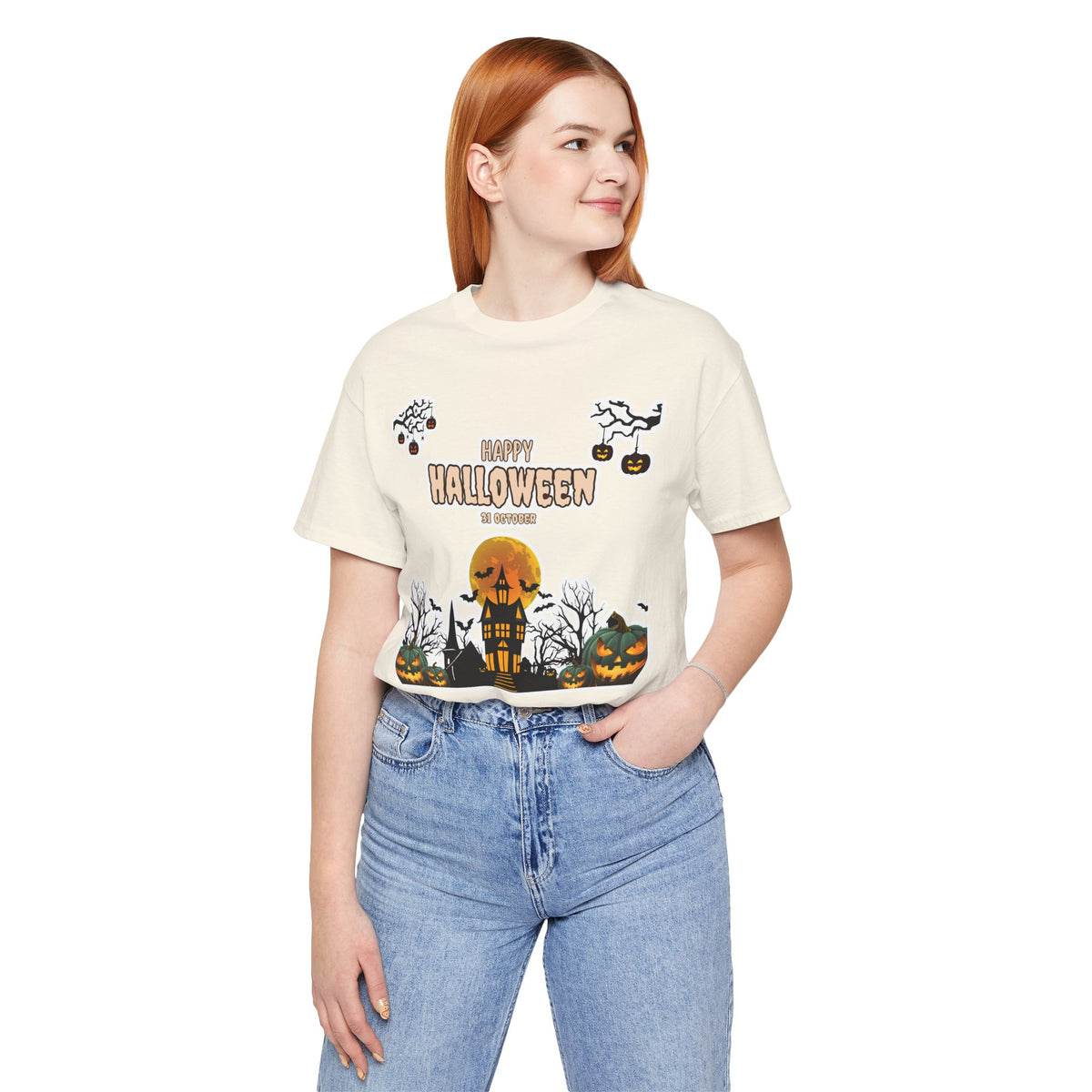 Halloween Haunted House T-Shirt — "Happy Halloween" Pumpkin Spooky Tee